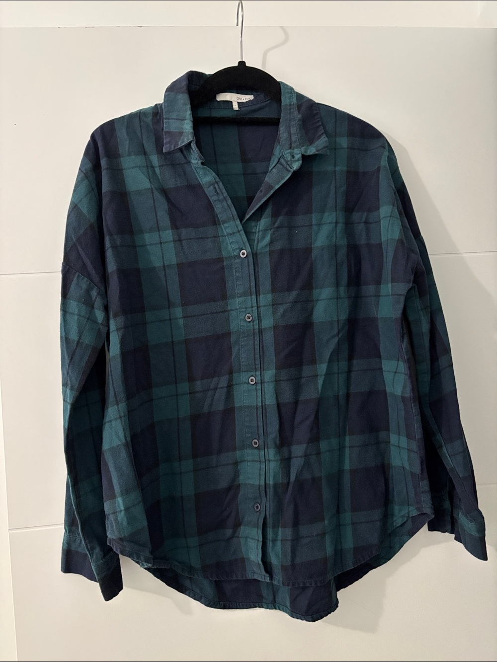 OAK + FORT Green and Navy Plaid Button-Down Shirt